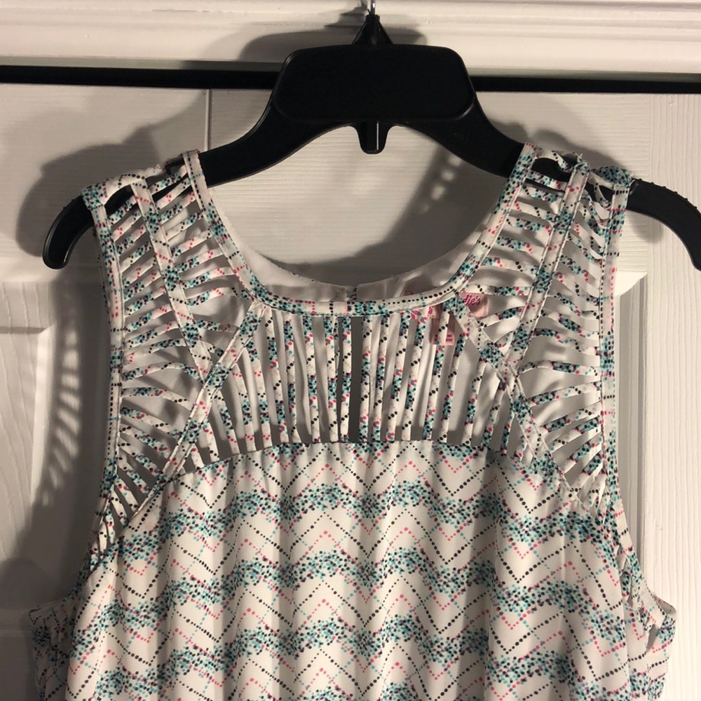 Green pink white and black pattern dress